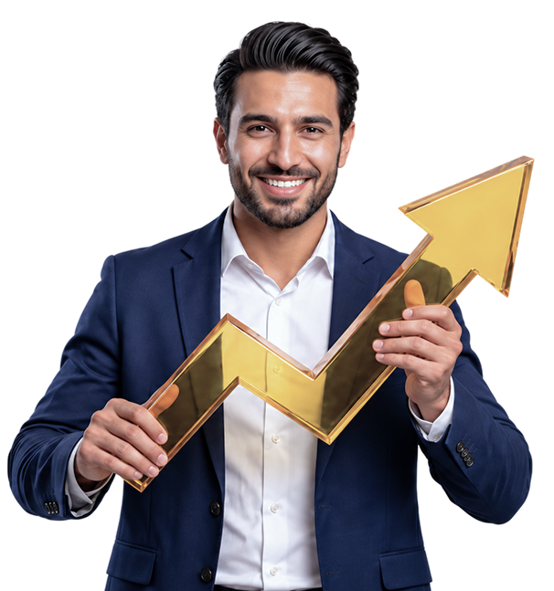 Business professional holding an upward growth arrow